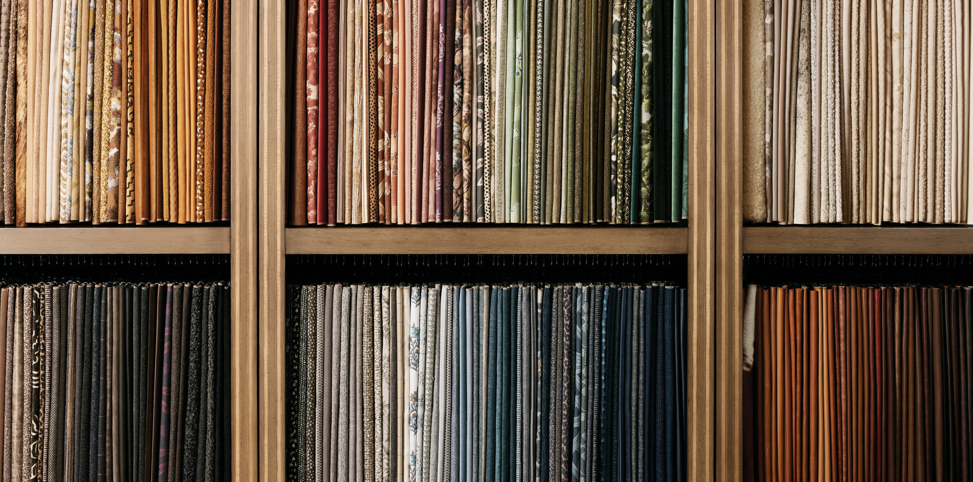 Colorful upholstery fabric swatches.